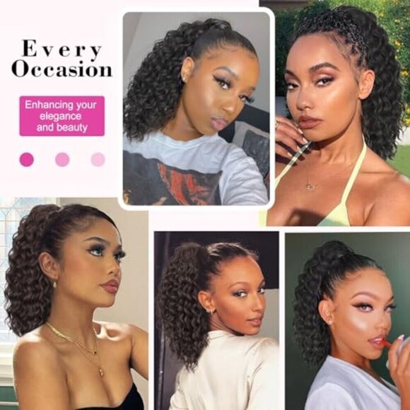 Black Synthetic Curly Drawstring Ponytail 14 Inch for Women Easy Secure